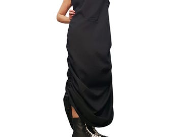 Ruched Black Linen Dress Asymmetrical Avant Garde Maxi Dress