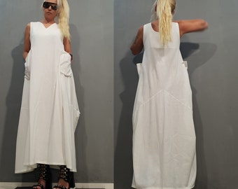 White Linen Maxi Dress – Avant Garde Sleeveless Summer Clothing, Minimalist Artistic Outfit, Handmade Women’s Steampunk Style