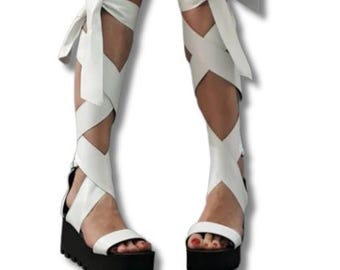 White Gladiator Platform Sandals, Women Gothic Lace Up Chunky Wedge Shoes, High Platform Sandals