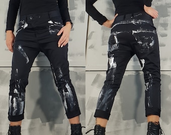 Extravagant pants, Women Boyfriend Pants, Avant Garde Trousers, Black Painted Pants, Gothic Pants, Drop Crotch Pants, Party Pants
