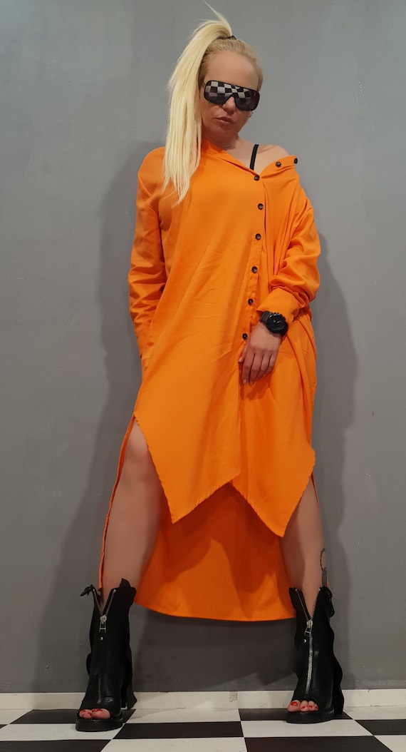orange oversized shirt dress Women's Paradisa St. Augustine Orange Cotton Belted Shirt Dress | Size: M