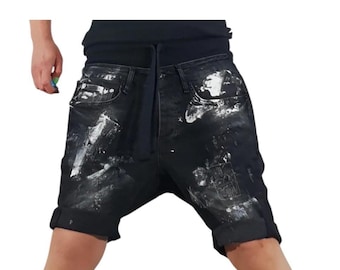 Black denim shorts women hand painted distressed jean shorts baggy ripped summer shorts