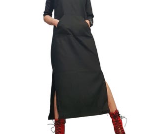 Black Linen Maxi Dress With Pockets, Avant Garde Minimalist Long Sleeve Dress