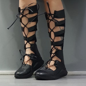 Leather Gladiator Sandals, High Sandals, Steampunk Sandals, Gothic Sandals, Leather Wedges, Strappy Sandals, Extravagant Sandals
