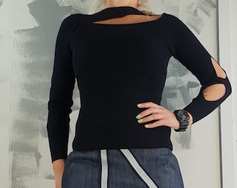 Cotton Party Blouse: Fitted Asymmetrical Top with Cutouts