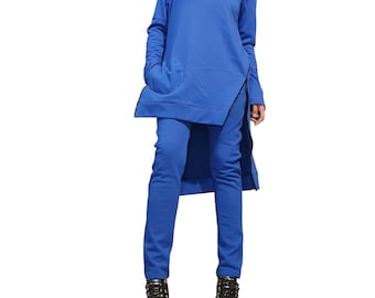 Conjunto holgado de dos piezas para mujer, conjunto vanguardista, extravagante conjunto de algodón, pantalones harén, túnica larga con cremallera, moda urbana vanguardista.