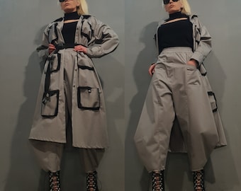 Avant Garde Two Parts Set, Extravagant Women Outfit, Wide Legs Pants and Loose Long Jacket, Handmade Women Clothing, Gothic Clothing
