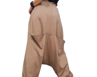 Beige Wide Leg Harem Pants, Drop Crotch Cotton Trousers, Avant Garde High Waist Pants