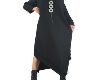 Black Oversized Cotton Dress, Asymmetrical Long Dress, Avant Garde Gothic Clothing