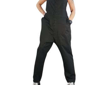 Black Avant Garde Harem Jumpsuit, Loose Drop Crotch Sleeveless Jumpsuit with Buttons and Pockets