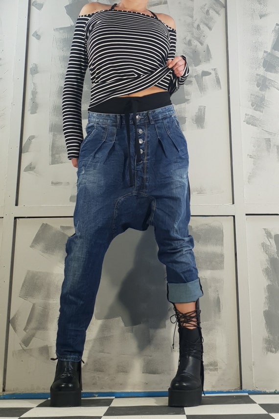 パンツ DEVOA Dropcrotch pants Heavywashi denim Drop Crotch Denim Harem Pants: Avant-garde Boho Trousers - Etsy