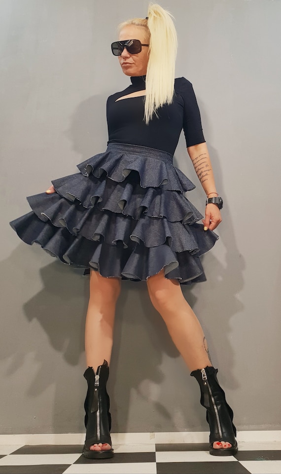 Extravagant Denim Ruffle Skirt, Gothic Cocktail Skirt, Avant Garde