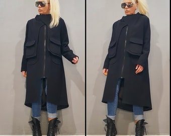 Manteau extravagant pour femme, Manteau chaud pour femme, Manteau ample, Manteau à capuche pour femme, Manteau oversize, Manteau noir pour femme, Manteau urbain, Vêtements avant-gardistes