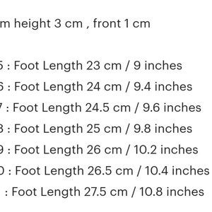 May include: Text listing shoe sizes with corresponding foot lengths in centimeters and inches. Sizes range from 35 (9 inches) to 41 (10.8 inches). Platform height is 3 cm, front is 1 cm.