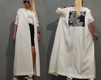 Avant Garde White Long Linen Jacket, Oversized Summer Jacket