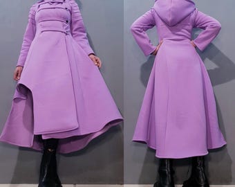 Avantgarde Lila Hoodie Mantel - Asymmetrische lange Jacke, Warmer Statement Wintermantel, Einzigartige Künstlerische Oberbekleidung für Frauen