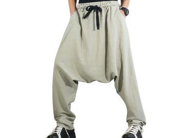 Light Grey Linen Harem Pants, Drop Crotch Oversized Trousers