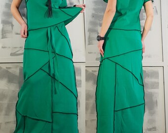 Green Skirt Set, Women Cotton Two Piece Casual Outfit, Asymmetrical Maxi Skirt, Avant Garde Matching Set