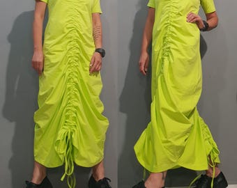 Neon Cotton Maxi Dress/Avant Garde Festival Dress/Handmade Long Dress/Asymmetrical Dress/Short sleeve/Length-adjustable extravagant tie