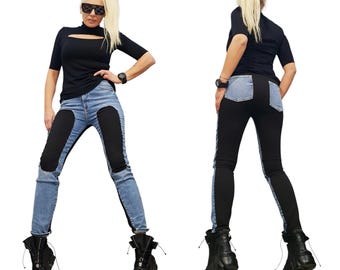Asymmetrische Patchwork Jeans Frauen, Blau ausgestattet Designer Denim Hose, Cut Out Statement Jeans