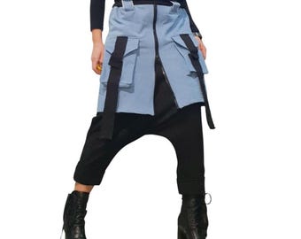 Denim Skirt Overlay Cargo Pockets Pants, Avant Garde Black Harem Pants, Women Drop Crotch Trousers