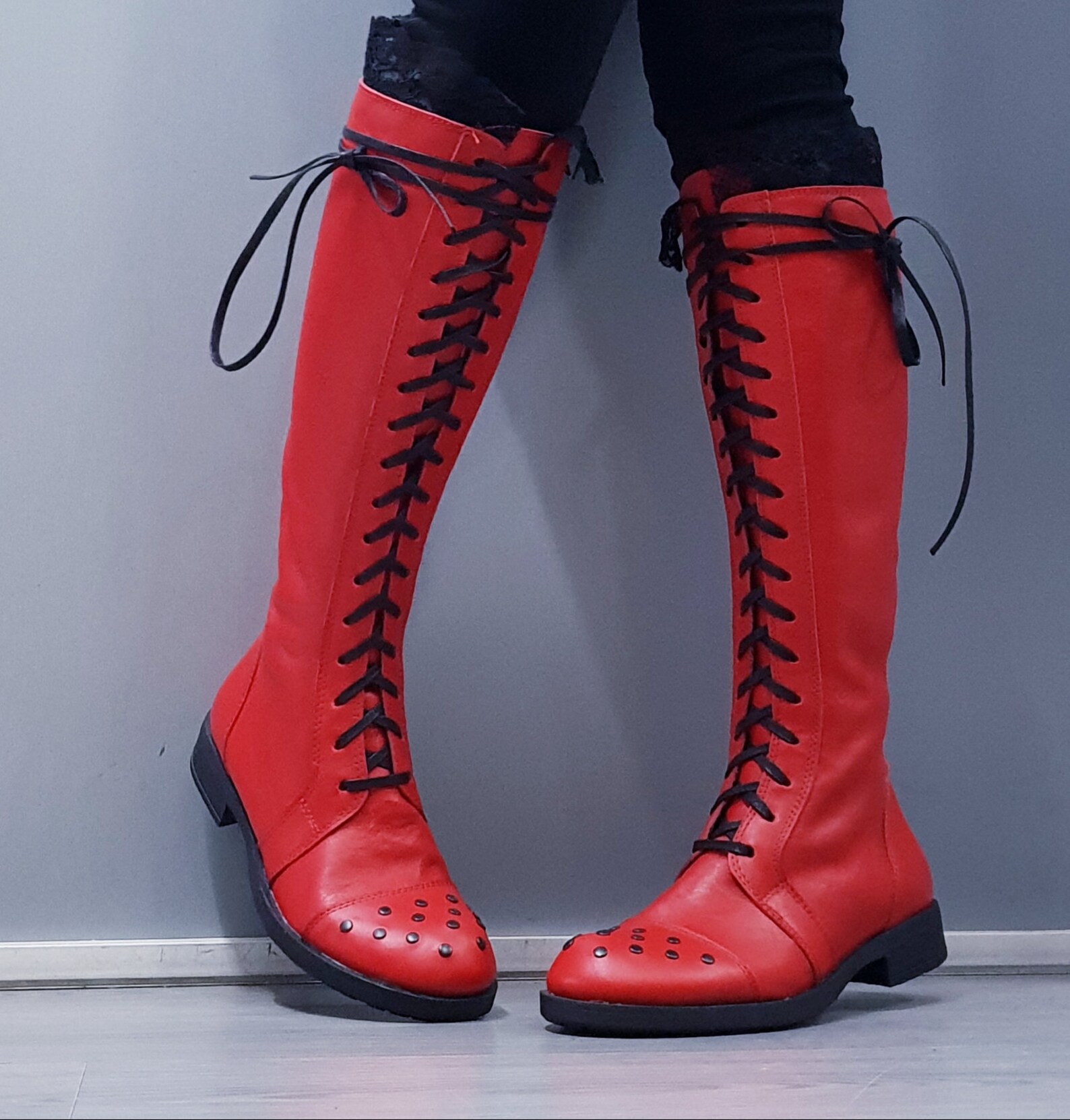 Red Flat Boots Red Leather High Boots Steampunk Boots Women Etsy