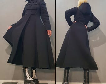 Avant Garde Black Hoodie Coat – Asymmetrical Long Winter Jacket, Warm Designer Outerwear, Artistic Handmade Coat for Women