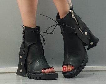 Heeled Summer Boots, Open Toe Sandals, Gothic Shoes, Black Leather Shoes, Leather Boots, Steampunk Sandals, Genuine Shoes, Grunge Shoes