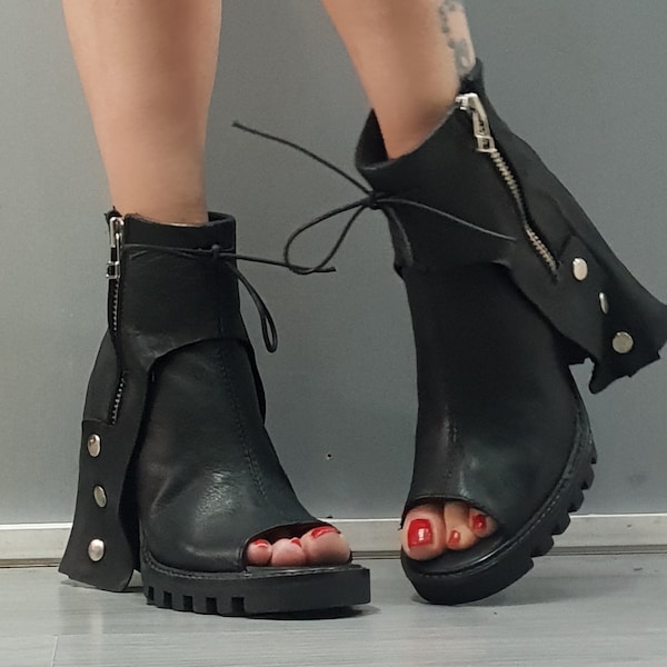 Heeled Summer Boots, Open Toe Sandals, Gothic Shoes, Black Leather Shoes, Leather Boots, Steampunk Sandals, Genuine Shoes, Grunge Shoes