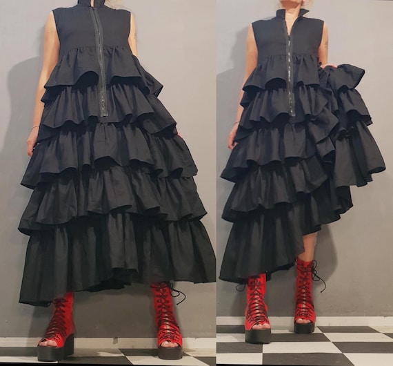 Black Linen Ruffle Dress, Extravagant Loose Linen Dress, Black Gothic Dress, Oversized Dress, Party Sleeveless Dress, Avant Garde Clothing