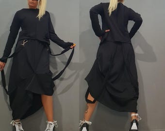 Avant-Garde Cotton Skirt Set, Oversized Blouse & Skirt Outfit, Minimalist Urban Streetwear Women Fashion