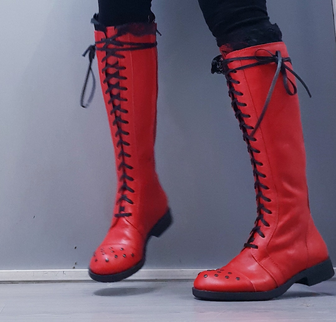 靴 00s fake leather laceup long boots Victorian Tall Leather Lace up Boots Women, Knee High Black