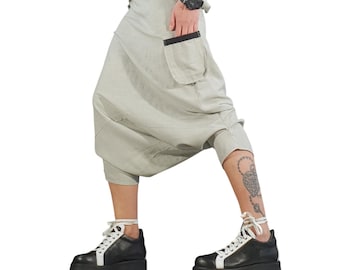 Grey Linen Harem Pants, Women's Drop Crotch Cropped Trousers, Avant Garde Pocket Summer Pants