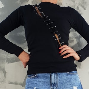 Black Cotton Top, Sexy Top, Black Fitted Top, Extravagant Top with Safety Pin, Avant Garde Blouse, Grunge Top, Long Sleeve Top