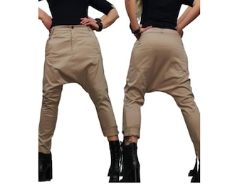 Beige Harem Pants Women, Drop Crotch Trousers, Avant Garde Loose Baggy Pants