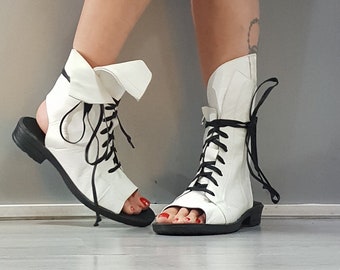 Combat Leather Open Toe Sandals: Steampunk Gothic Shoes