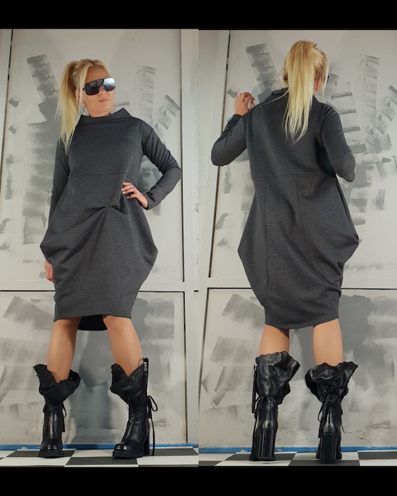 Nouvelle collection Robe ample extravagante Robe en coton noir Robe tunique Robe blouson Robe asymetrique Robe a manches longues Robe genou Etsy France