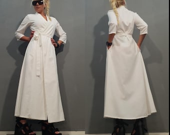 White Linen Wrap Maxi Dress / Minimalist Avant Garde Summer Kaftan Long Elegant Dress