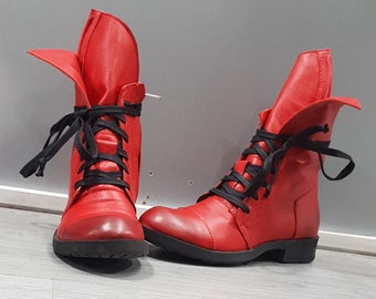 Czerwone buty damskie, oryginalne buty, buty gotyckie, buty steampunk, skórzane buty do kostki, skórzane botkiNonstandarddesignNonstandarddesign