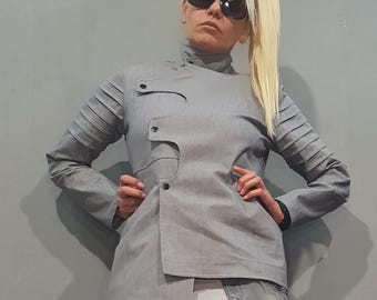 Chaqueta vaquera futurista, chaqueta gris vanguardista para mujer, blazer arquitectónico estructurado, prenda de capas llamativa, blazer extravagante