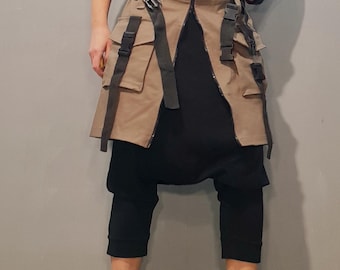 Avant Garde Harem Pants with Skirt – Black Drop Crotch Baggy Trousers, Asymmetrical Statement Women Pants