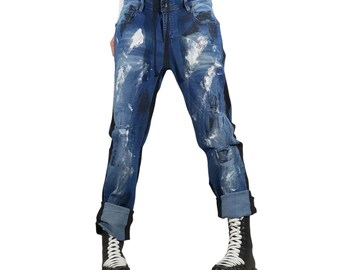 Baggy Jeans Women, Distressed Denim Pants, Drop Crotch Jeans, Painted Streetwear Trousers, Loose Fit Pants