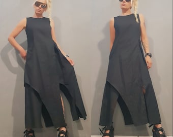 Black Linen Kaftan Dress – Handmade Avant Garde Sleeveless Maxi, Asymmetrical Boho Outfit, Artistic Summer Women’s Clothing