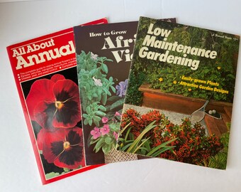 Set of 3 Vintage Gardening Books, Vintage Gardening Guides, Low Maintenance Gardening, How to Grow African Violets, All About Annuals