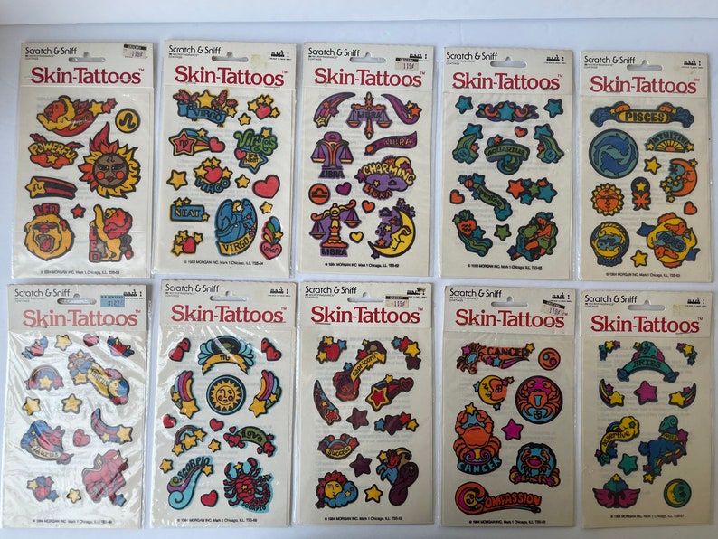 1980s Vintage Zodiac Skin Tattoos / Stickers, Vintage Astrology Stickers, Cute Zodiac Temporary