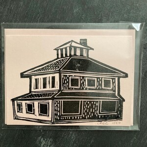 pink house lino cut card