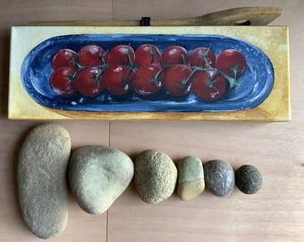 Garden Variety painting of cherry tomatoes with a vintage wooden spatula attached for a unique sculptural look