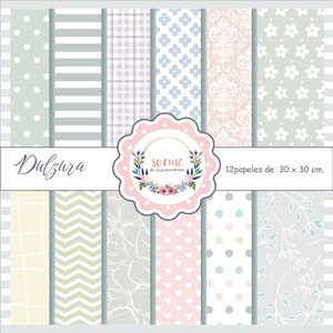 Puede incluir: Un conjunto de 12 papeles digitales con varios patrones, incluyendo lunares, rayas, cuadros vichy, flores y diseños geométricos. Los papeles son en colores pastel, como rosa, azul y verde. Los papeles son de 30 x 30 cm.