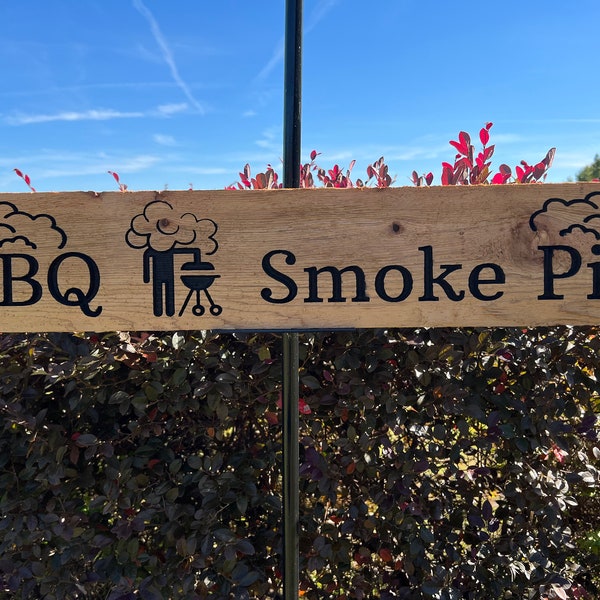 BBQ Smoke Pit Wooden Carved Cedar Sign, Bar-B-Que Smoke Pit Sign, Carved Cedar Sign, Smokehouse Themed Sign, CNC