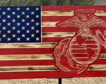 United States Marine Corps Rustic Wood Carved (CNC) Patriotic American Flag